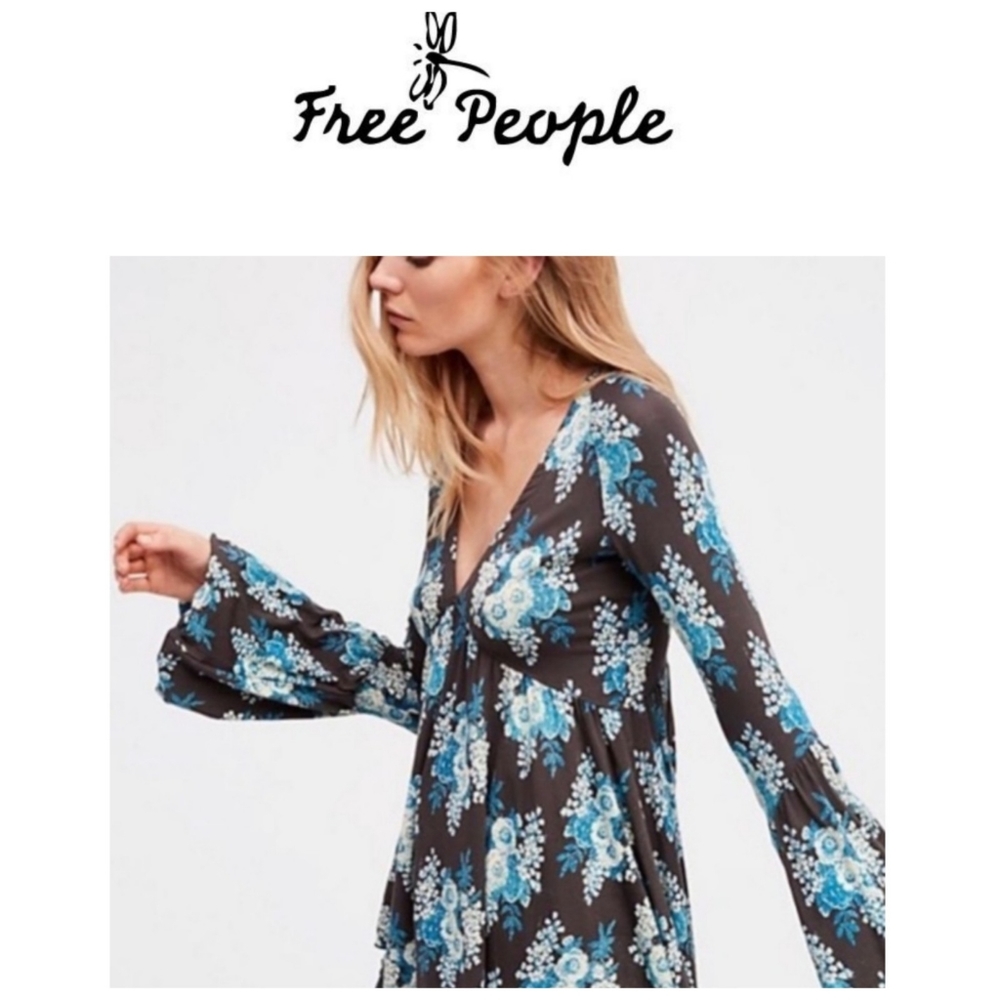 Free People Speak Easy Floral Print Bell Sleeve Boho Tunic Top